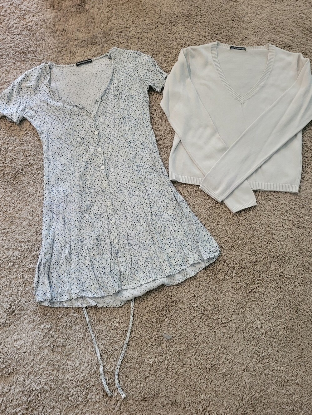 Brandy Melville Light Blue Floral Tie-Front Mini Dress & Cream V-Neck Sweater